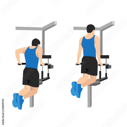 Flat design illustration with male character doing dips on parallel bars in the gym