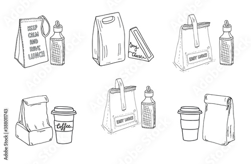 Lunch bags and drink set. Bottles, coffee cup, lunchbox, triangle sandwich box sketch illustration