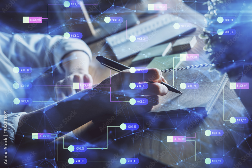 Multi exposure of woman's hands on background with technology and digital coding icons. Data development concept. Multi exposure of woman's hands on background with technology and digital coding icons. Data development concept.