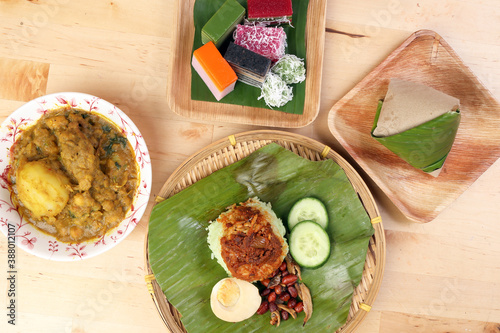 Photography Nasi Lemak fragrant rice coconut milk with sambal friend peanut anchovy egg pack