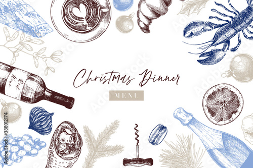 Vector menu template. Hand drawn detailed Christmas decorations, wine, seafood, meat, fruits and vegetables. Modern trendy design. Use for holiady menu, restaurant, shop promotion, brand merchandising
