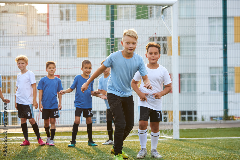 Obraz premium group of children practicing football on grass lawn. caucasian kids kicking soccer ball on primary school pitch. sport, football concept
