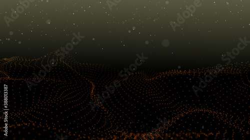 Particle placement with hanging dots in space. Wave of particles. Wave with dots . Space abstract. Landscape background . Abstract gradient dynamic wave of particles. 3d rendering.