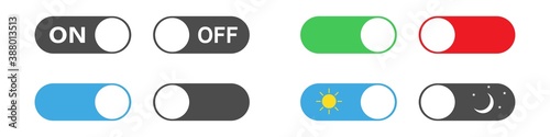 On and off toggle switcher. Isolated power slider in green and red. Day and night pictogram. Active and inactive symbol. Turn on slider on white background. Push toggle set. Vector EPS 10.
