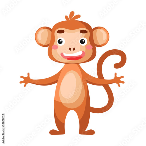 Cute funny monkey print on white background. Jungle cartoon animal character for design of album, scrapbook, greeting card, invitation, wall decor. Flat colorful vector stock illustration.