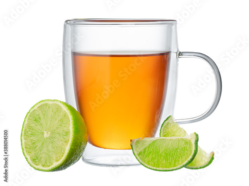 Glass cup of black tea with bergamot isolated on white