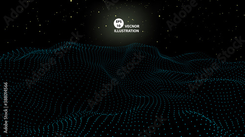 Particle placement with hanging dots in space. Wave of particles. Wave with dots. Space abstract. Landscape background . Abstract gradient dynamic wave of particles. Vector illustration