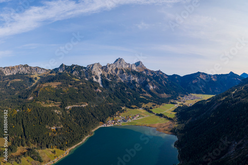 Panorama of lake haldensee and mountain gelber scharte in autumn in tyrol