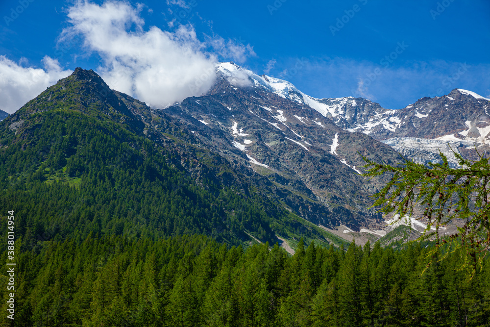 Picturesque highland alpine landscape on Simplon Pass at summer day