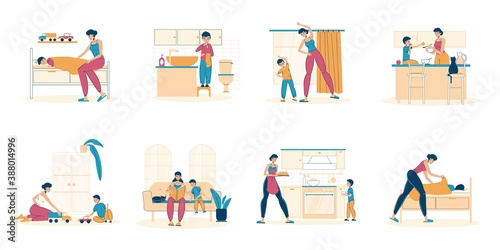 Mother son recreation, spending time together, schedule routine. Mom taking care of child, playing, cooking, reading, feeding, doing physical exercise. Daily life scene from morning to evening set