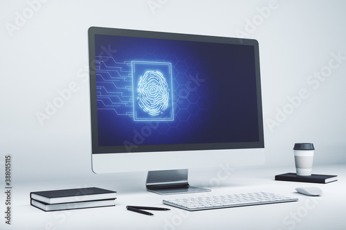 Abstract creative fingerprint illustration on modern laptop monitor, digital access concept. 3D Rendering