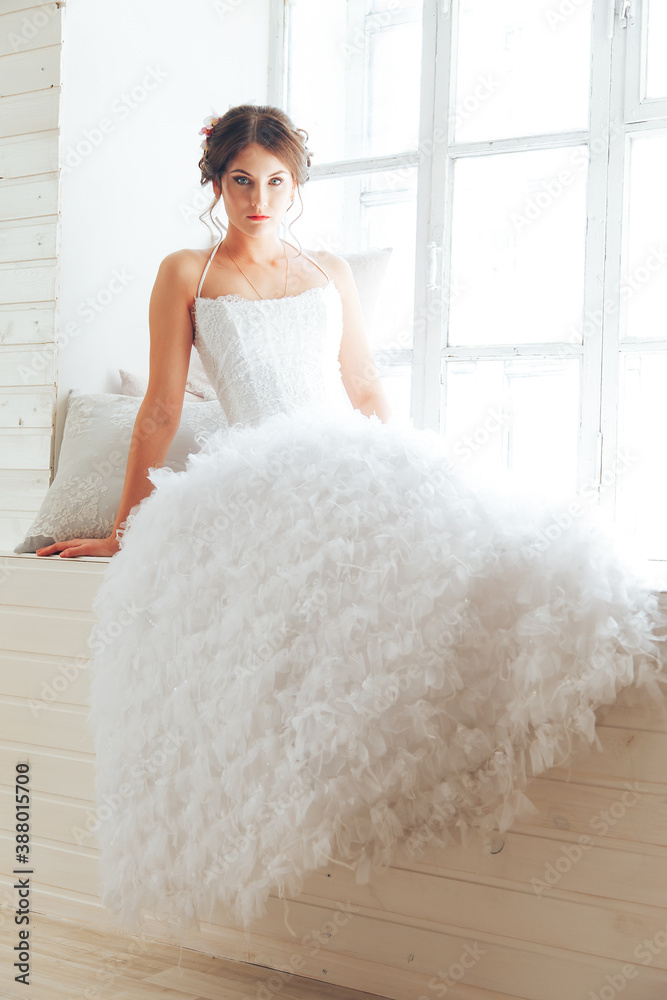 Wedding day and beautiful bride in studio. Beautiful young bride with wedding makeup and hairstyle. Portrait of young gorgeous bride. Wedding. Wedding day and beautiful bride in studio. Beautiful young bride with wedding makeup and hairstyle. Portrait of young gorgeous bride. Wedding.