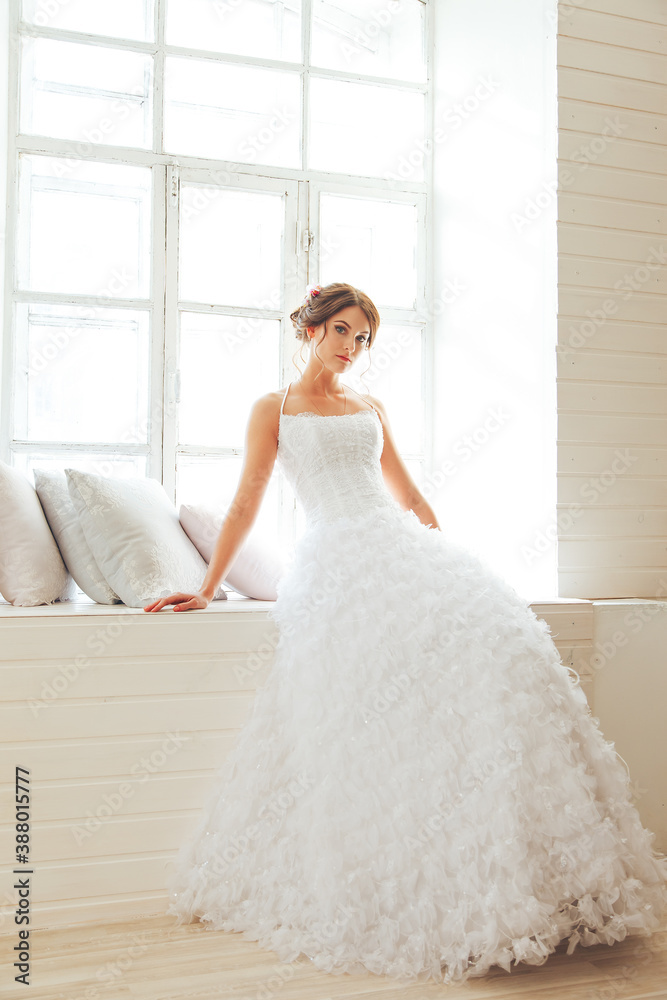 Wedding day and beautiful bride in studio. Beautiful young bride with wedding makeup and hairstyle. Portrait of young gorgeous bride. Wedding. Wedding day and beautiful bride in studio. Beautiful young bride with wedding makeup and hairstyle. Portrait of young gorgeous bride. Wedding.