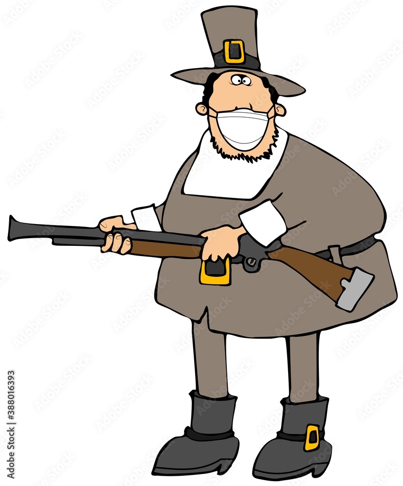 Obraz premium Pilgrim holding his blunderbuss and wearing a face mask