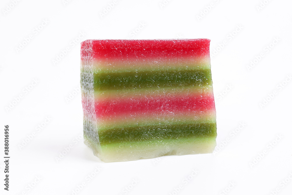 Kuih lapis colourful layer rice cake on white background Kuih lapis colourful layer rice cake on white background