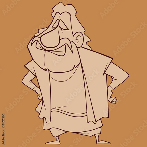 sketch of cartoon smiling bearded man standing akimbo
