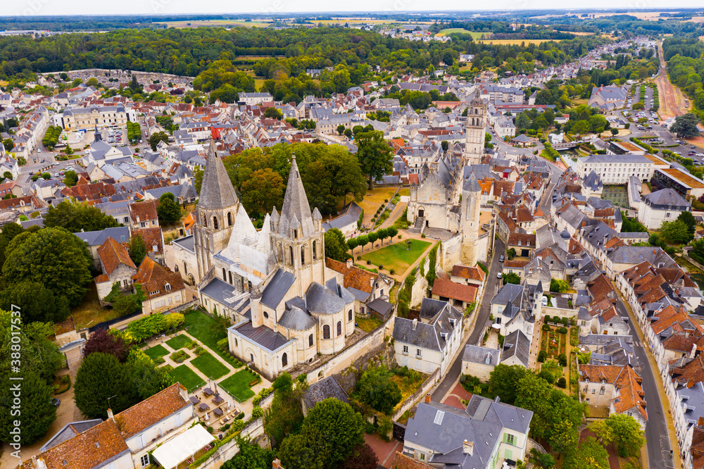 Aerial view of summer townscape of Loches in department of Indre-et-Loire looking out over ancient fortified royal Chateau, France..