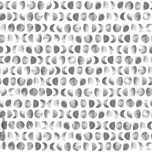 Moon phases vector pattern. Mystical lunar seamless background. Full moon, night sky. Monochrome geometric backdrop.