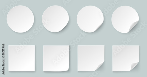 A set of round and square stickers. White paper labels with curved edges for business promotion. Curved sticker with a peel-off corner.
Vector image