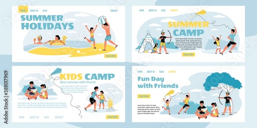 Summer holiday pastime in camp. Overjoyed children character spending time fun day outdoor. Boy girl friend enjoy active healthy recreation in park, on send beach. Happy summertime. Landing page set