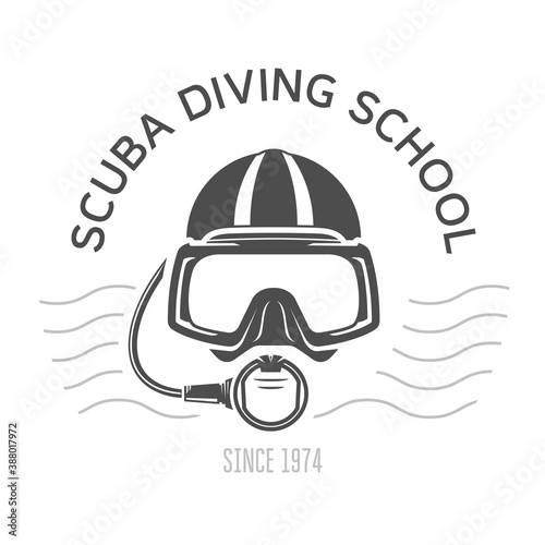 Scuba diving emblems or logo, diving mask and aqualung, underwater swimming design with face of diver
