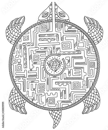 Turtle maze game. Animal puzzle labyrinth path. Ornamental silhouette turtle. Tattoo totem sketch. Hand drawn contour vector line sketch.