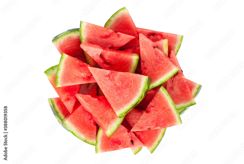 Many small triangular slices of ripe red watermelon. Isolated on white background. View from above Many small triangular slices of ripe red watermelon. Isolated on white background. View from above
