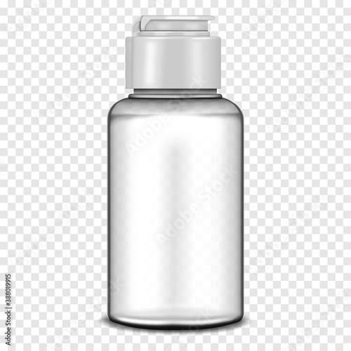 Blank clear plastic bottle with screw flip top cap filled with liquid on transparent background, realistic vector mock-up. Liquid product container packaging, mockup. Template for design