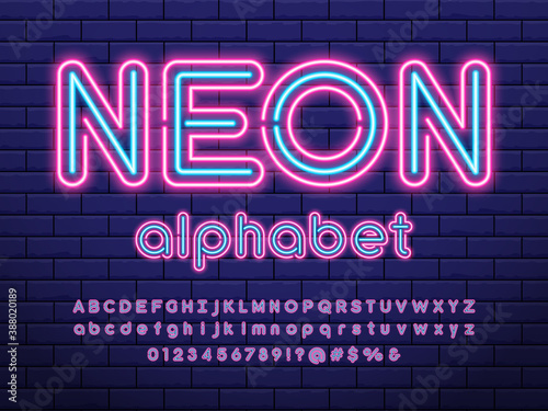 Glowing neon light alphabet design with uppercase, lowercase, numbers and symbol