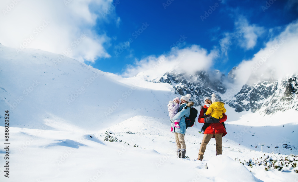 Father and mother with small son in winter nature, standing in the snow.