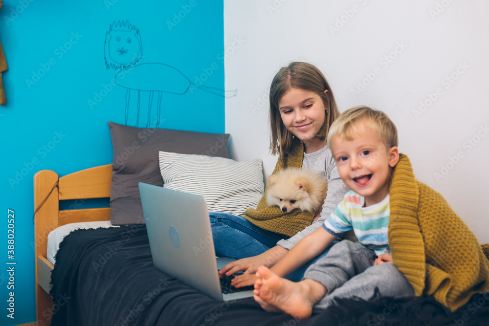 brother and sister sitting in their room and using laptop brother and sister sitting in their room and using laptop