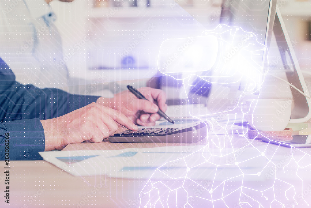 AR hologram with man working on computer on background. Augmented reality concept. Double exposure. AR hologram with man working on computer on background. Augmented reality concept. Double exposure.