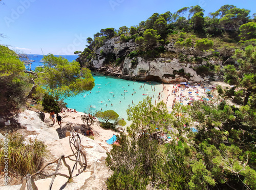 Cuadro en lienzo Cala Macarelleta famous paradise beach with turquoise water and pine forests on south coast of Menorca Island, Balearic Islands, Spain
