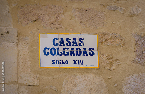 Casas colgadas (hanged houses) sign in Cuenca, Castile La Mancha, Spain, Europe