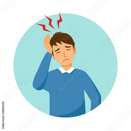 Young man having painful headache concept vector illustration on white background. Migraine health problem flat design. Office syndrome.