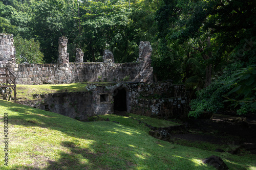 The ruins of the Wingfield Estate Sugar Plantation in St. Kitts in the Caribbean lie abandoned at the edge of the woods.