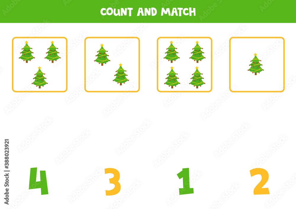 Count all Christmas fir trees and match them with numbers. Math game ...
