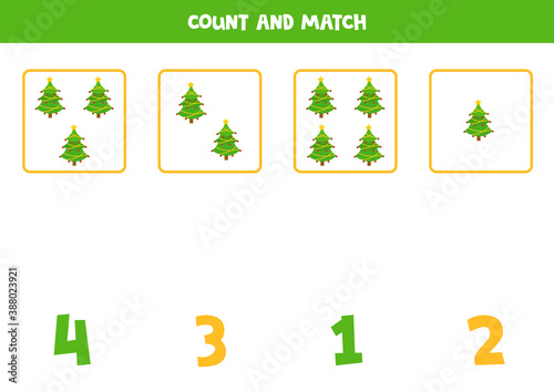 Count all Christmas fir trees and match them with numbers. Math game for preschoolers.