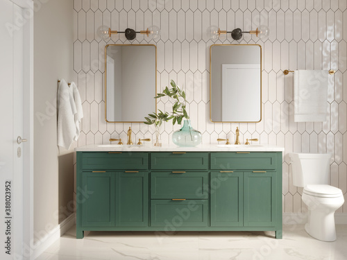 Fototapeta Naklejka Na Ścianę i Meble -  3d modern contemporary chic beige bathroom with two rectangle brass mirrors and a green cabin	

