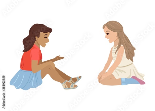 Girls in skirts are sitting on the floor, talking. Dialogue between the children. Friends in a kindergarten or school. Vector illustration