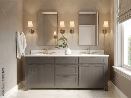 3d classic luxury contemporary chic beige  bathroom with two rectangle brass mirrors and a dark wood cabin  