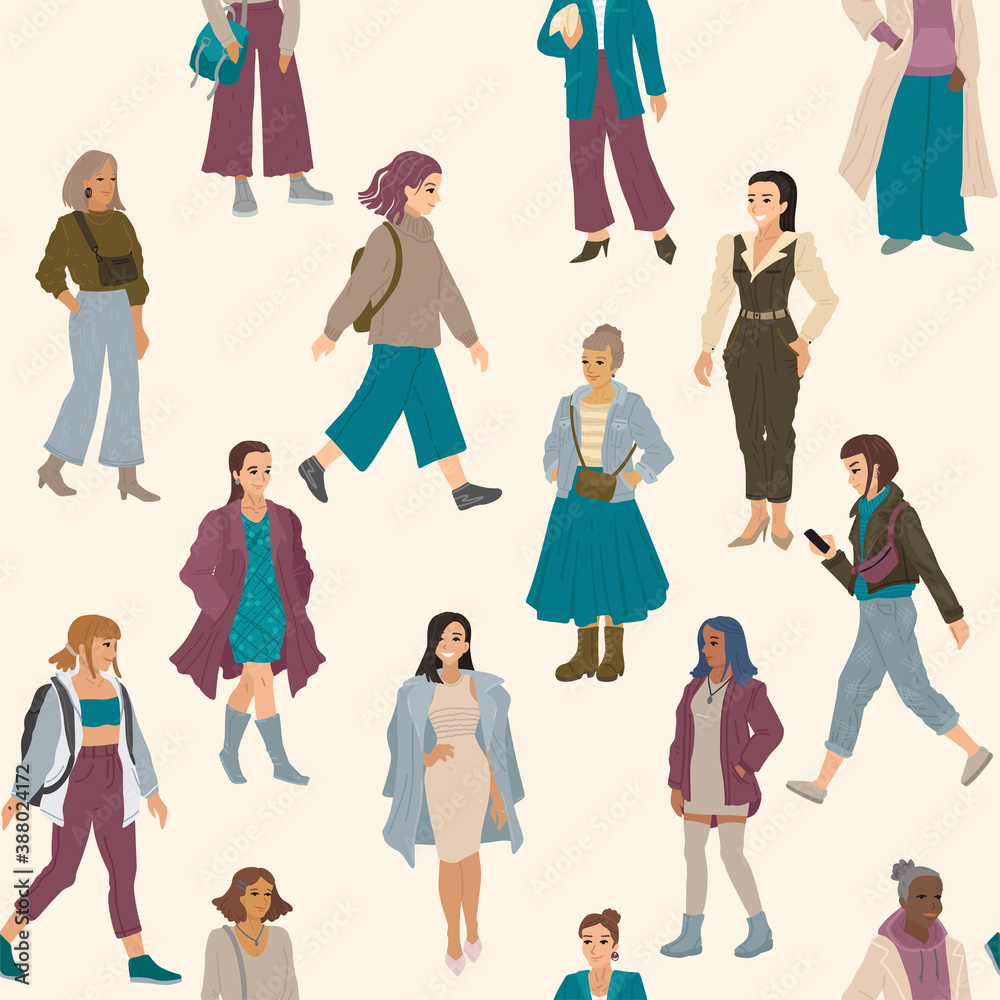 Women and girls teens walking. Set of different women. Seamless pattern design. Vector illustration for paper presents design.