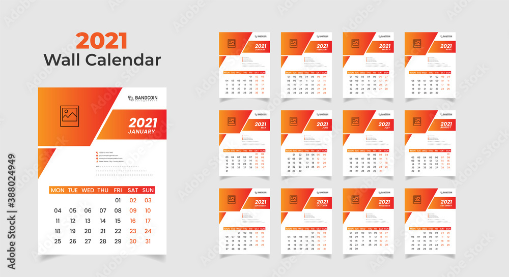 Wall Calendar 2021 year in 12 months vector easy to edit template file Wall Calendar 2021 year in 12 months vector easy to edit template file