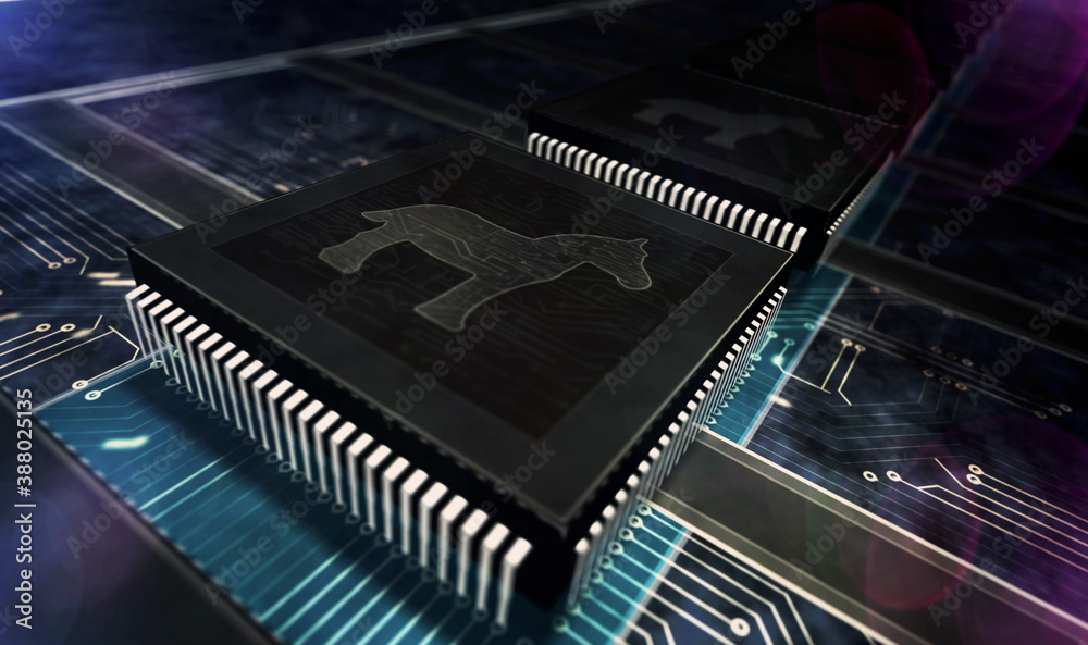 Processor factory with laser burning of Trojan symbol illustration Processor factory with laser burning of Trojan symbol illustration