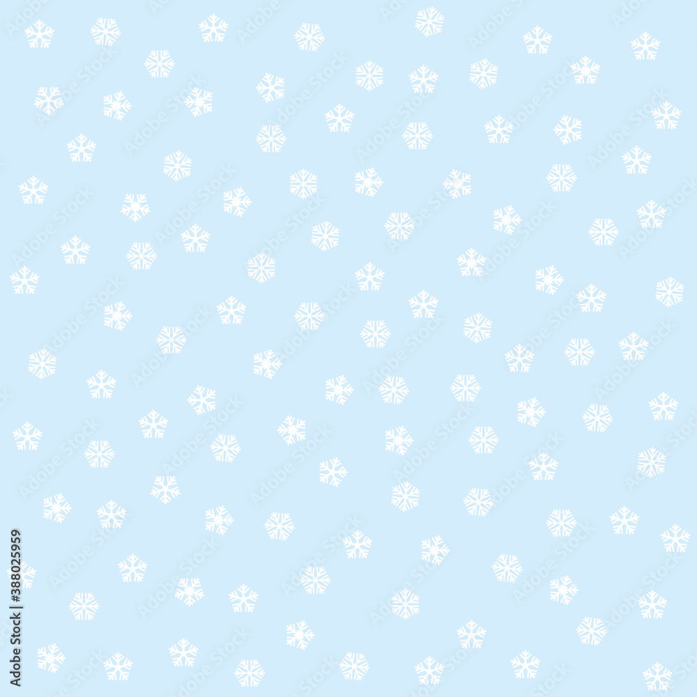 White snowflakes falling on a blue sky background. Vector marketing wallpaper.