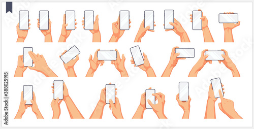 Set of realistic human hands, gestures and movement with the phone, isolated vector illustrations on a white background