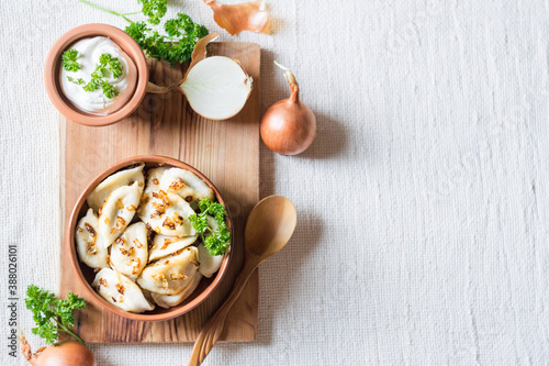 A bowl of russian varenyky, vareniki, Dumplings served with fried onion. Pyrohy - dumplings with filling. View from above, top, overhead. Copyspace