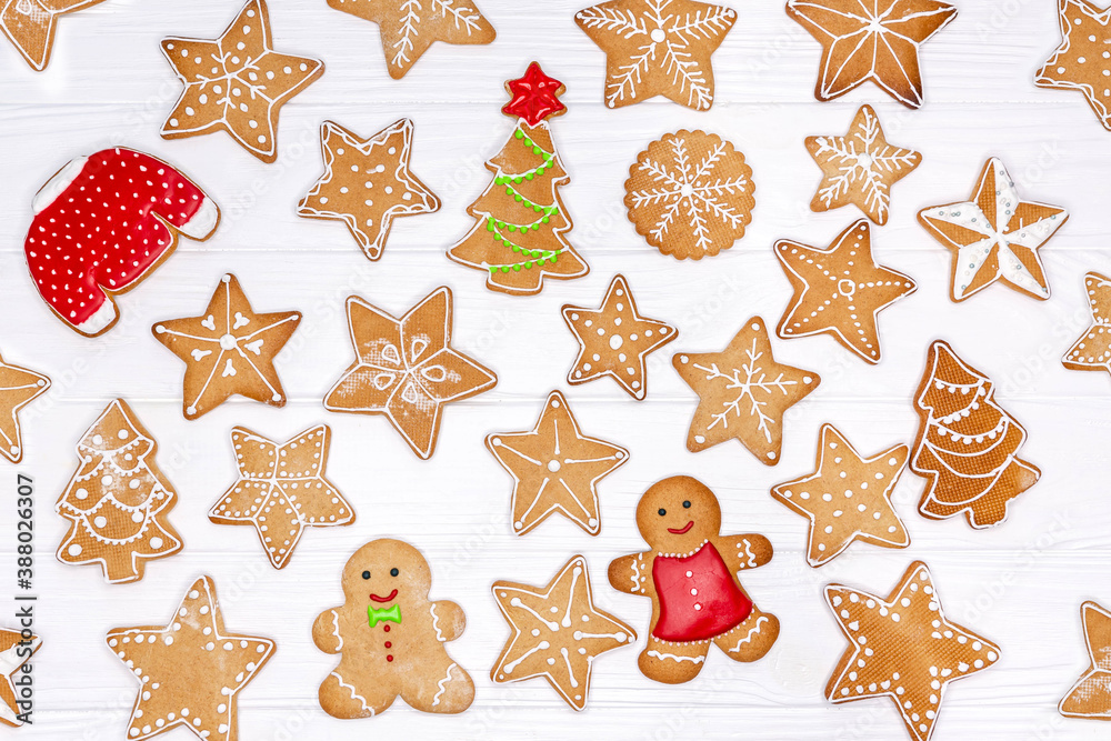 New year composition. Delicious Christmas cookies isolated on white
