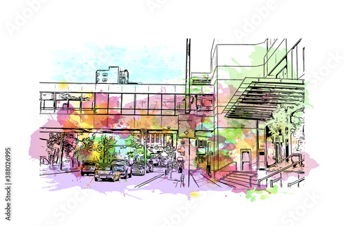 Building view with landmark of Calgary is a city in the western Canadian province of Alberta. Watercolor splash with hand drawn sketch illustration in vector.