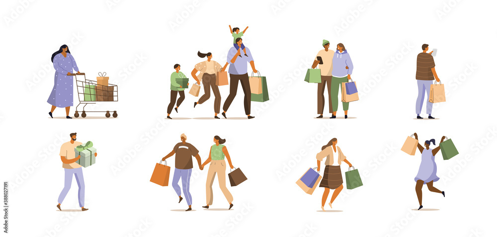 People Character holding Shopping Bags with Purchases. Woman and Man Customers Buying on Seasonal Sale in Store, Fashion Mall. Buyers Characters Collection. Flat Cartoon Vector Illustration. - obrazy, fototapety, plakaty 